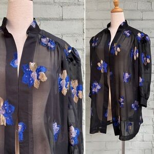 Sheer Black Floral Metallic Embroidered Overlay Blouse